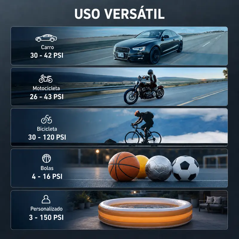 Uso versátil — carro, moto, bike e bolas